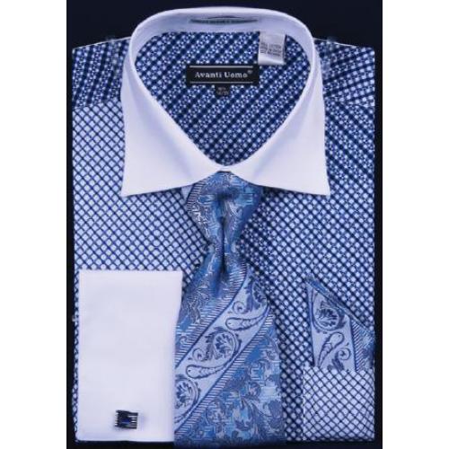 Avanti Uomo Navy Printed Two Tone Design 100% Cotton Shirt / Tie / Hanky Set With Free Cufflinks DN57M